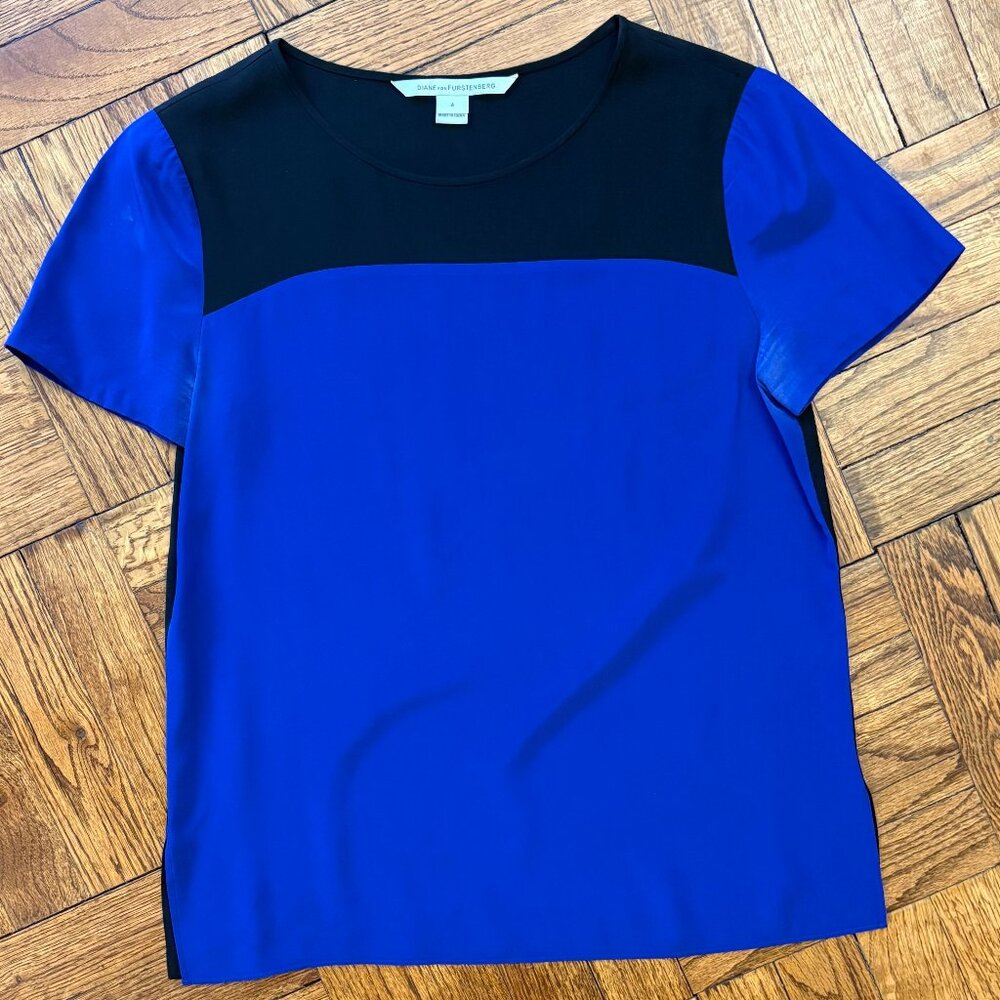 Diane Von Furstenberg DVF silk color block blouse black blue size 4